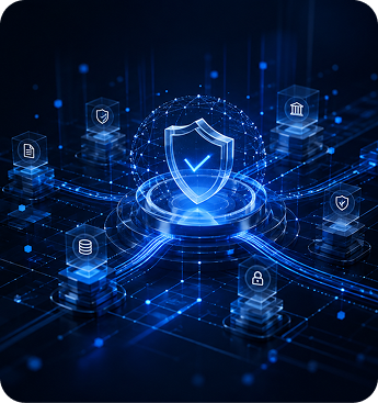 Glowing blue shield at the centre of a connected data network, representing governed and secured enterprise data